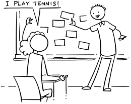 ��{���uWhat sports do you play?�v�uI play ~�v�uI don�ft play ~�v�𓱓�����